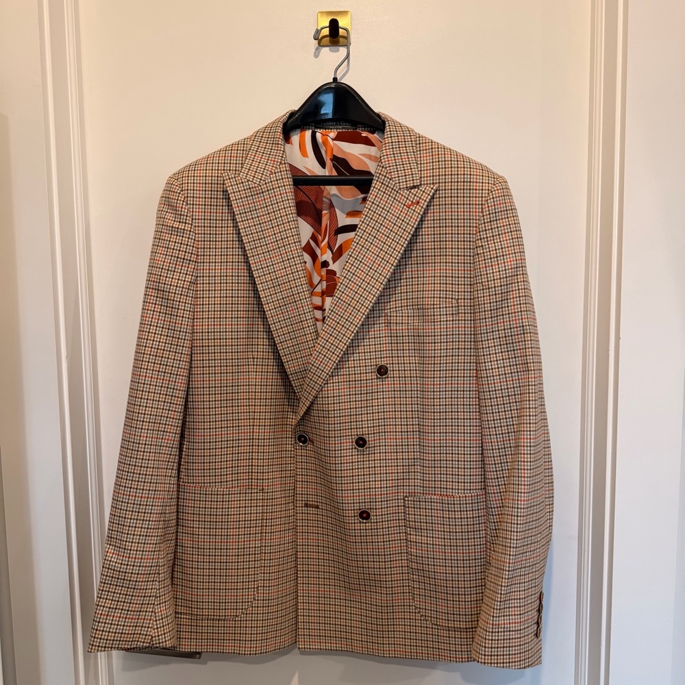Paisley & Gray Double-Breasted Brown-Tan Plaid Suit | 46R Jacket & 44 Pants